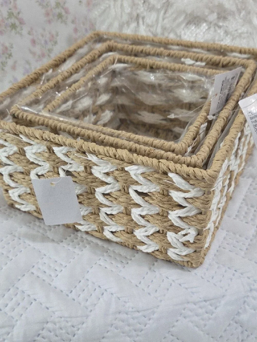 Woven Seagrass and White Rope 3 Pcs Storage Basket